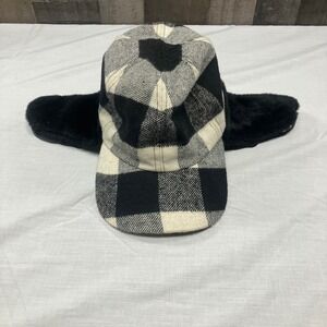 Dorfman Pacific Co DPC Plaid Trapper Hat Black White Ear Flaps Buffalo Plaid VTG